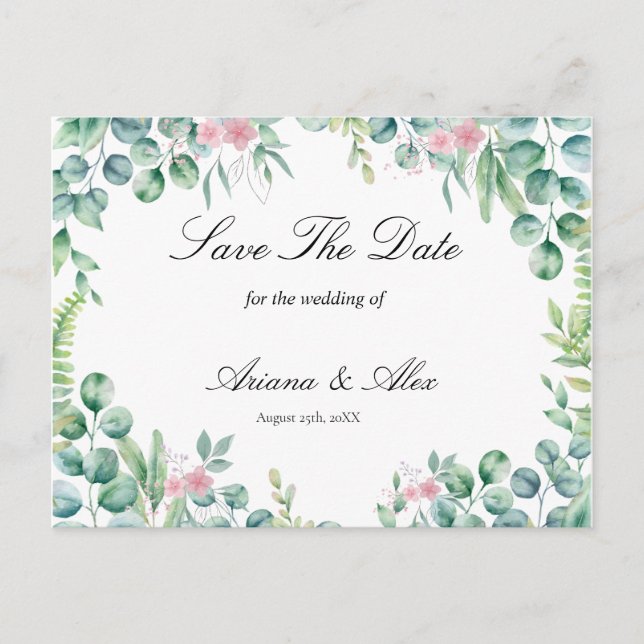 Postal Boda de Eucalipto Floral Guardar la Fecha (Anverso)