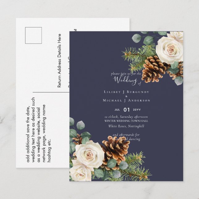 Postal BODA de Eucalyptus Pine Cones de Invierno PRESUPUE (Anverso / Reverso)
