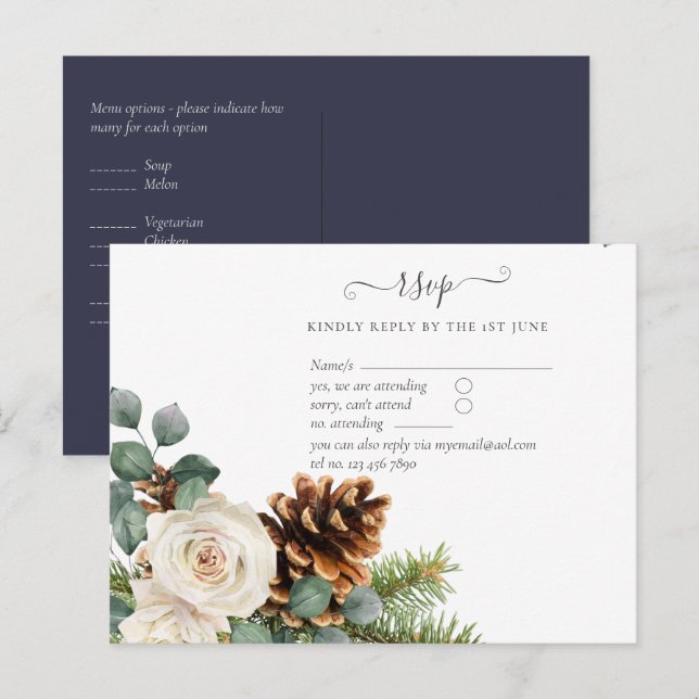 Postal BODA de Eucalyptus Pine Cones de Invierno PRESUPUE (Anverso / Reverso)