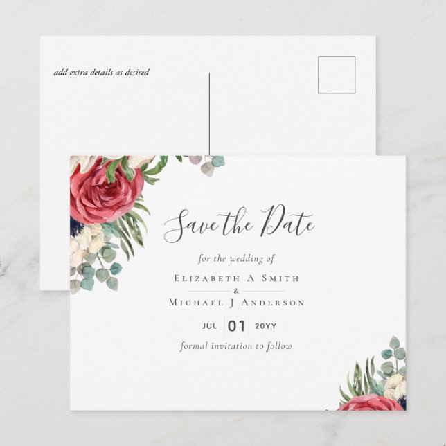 Postal Boda de Floral de Eucalipto Verde Esmeralda con de (Anverso / Reverso)
