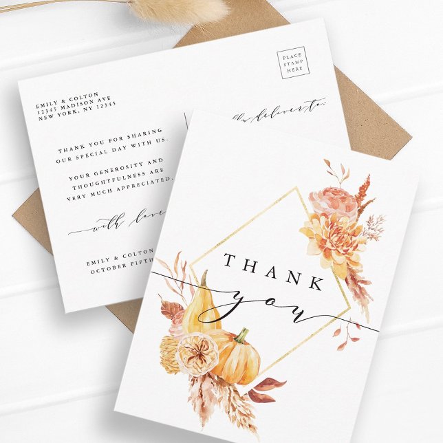 Postal Boda de Floral Rustic Fall Gold Gracias (Front & Back)
