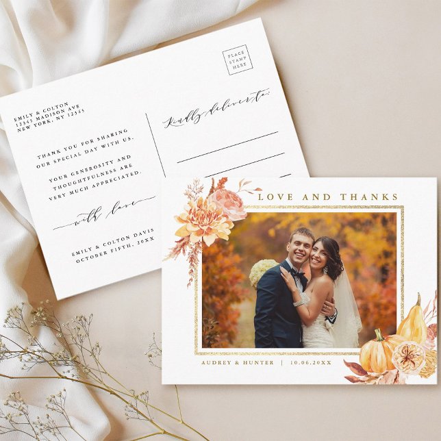 Postal Boda de Floral Rustic Fall Gold. Gracias (Front & Back)