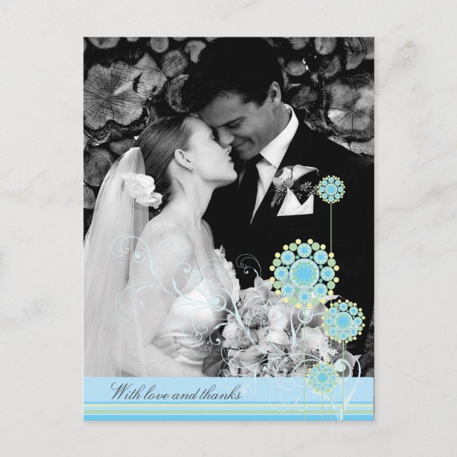 Postal Boda De Flores Azules Gracias Foto (Anverso)