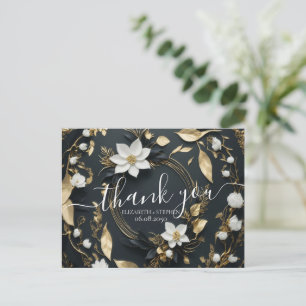 Postal Boda de flores de color blanco y oro gracias