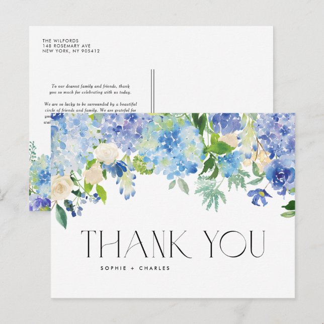 Postal Boda de flores de hidrangea azul moderno Gracias (Anverso / Reverso)
