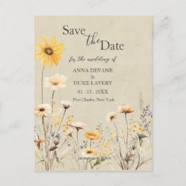Postal Boda de flores silvestres amarillas salva la fecha