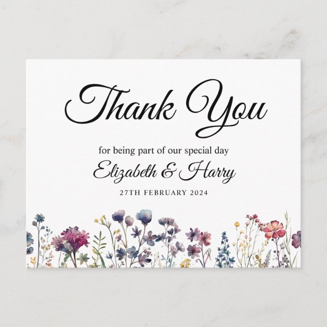 Postal Boda de Flores Silvestres Gracias Postcard (Anverso)