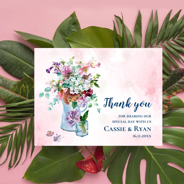 Postal Boda de flores silvestres rusas de acuarela gracia (Rustic Watercolor Wildflower Wedding Thank You Postcard)
