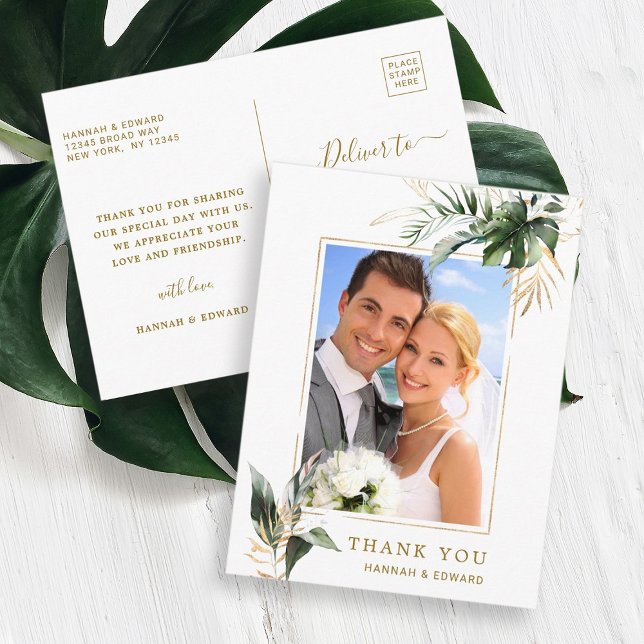 Postal Boda de follaje tropical Foto Oro Gracias (Front & Back)