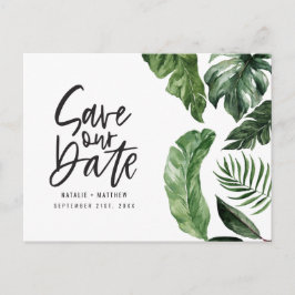 Postal Boda de follaje tropical y letras a mano