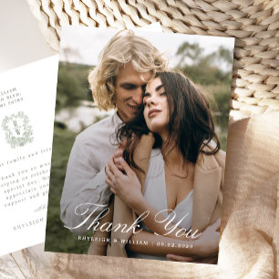 Postal Boda de foto de monograma de cresta floral verde s