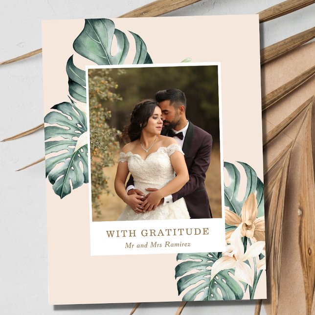 Postal Boda de fotografía tropical floral gracias (Tropical Floral Photo Wedding Thank You Postcard)