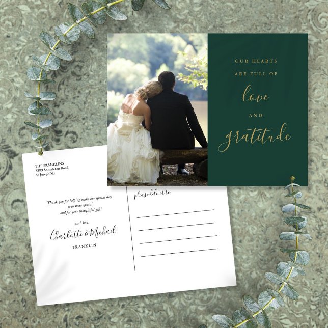 Postal Boda De Fotografías De Guión Verde Y Oro Gracias (Green And Gold Script Photo Wedding Thank You Postcard)