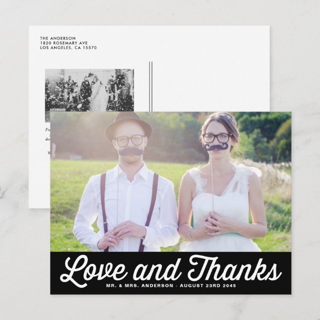 Postal Boda de fotografías de guiones retro negro gracias (Anverso / Reverso)