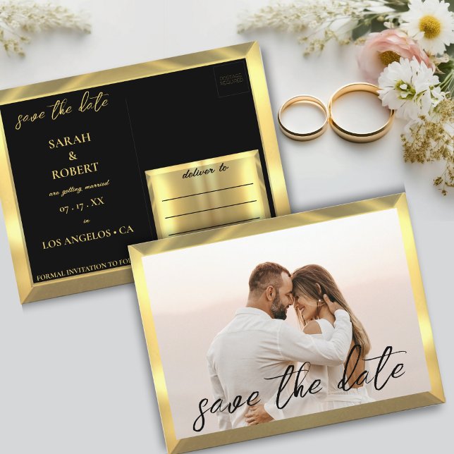 Postal Boda de fotografías en negro y oro (Black & Gold Photo Wedding Postcard)