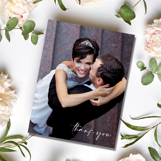 Postal Boda de fotos con guión minimalista Gracias (Minimalist Script Photo Wedding Thank You Postcard)