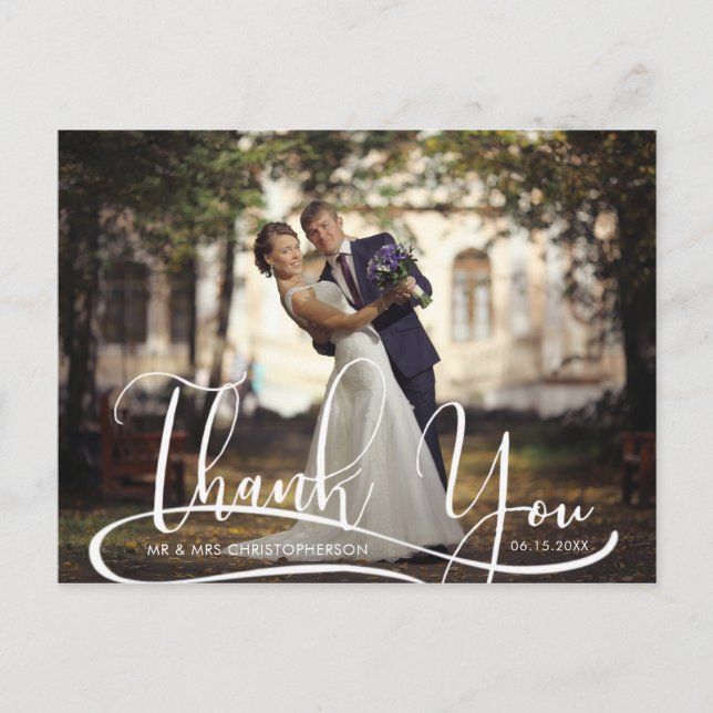 Postal Boda de fotos de dos guiones de mano gracias (Anverso)