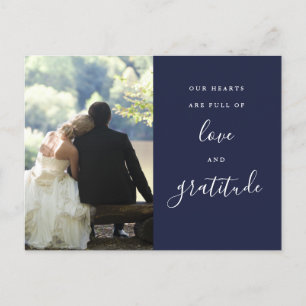 Postal Boda de fotos de Navy Blue Script Gracias