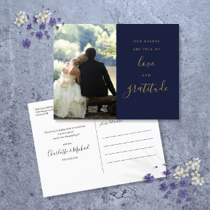 Postal Boda de fotos de Navy Blue Y Gold Script Gracias