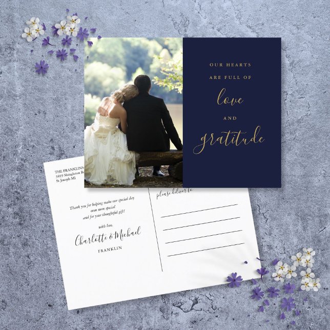 Postal Boda de fotos de Navy Blue Y Gold Script Gracias (Navy Blue And Gold Script Photo Wedding Thank You Postcard)