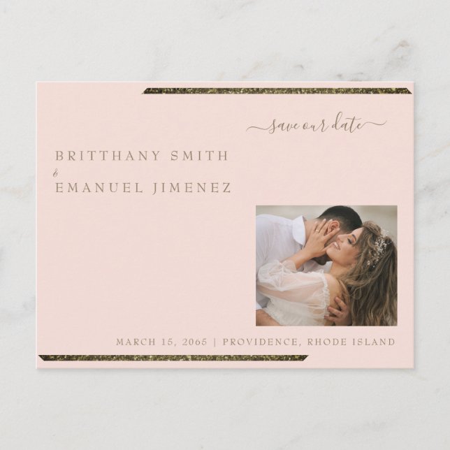 Postal Boda de fotos de Rubor y Gold Dazzzling Ahorra Nue (Anverso)