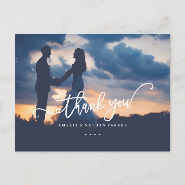 Postal Boda de fotos de Sea Blue Gold Gracias PostCard (Anverso)