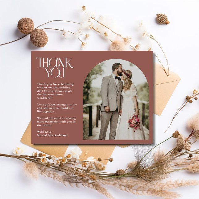 Postal Boda de fotos del Arco de Terracotta Gracias Postc (Terracotta Arch Photo Wedding Thank You Postcard)