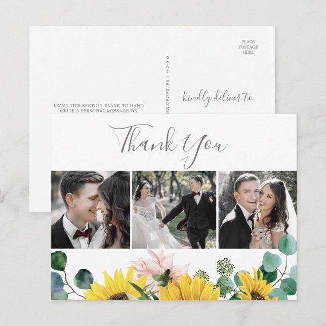 Postal Boda de fotos Rustic Sunflower 3 Gracias (Anverso / Reverso)