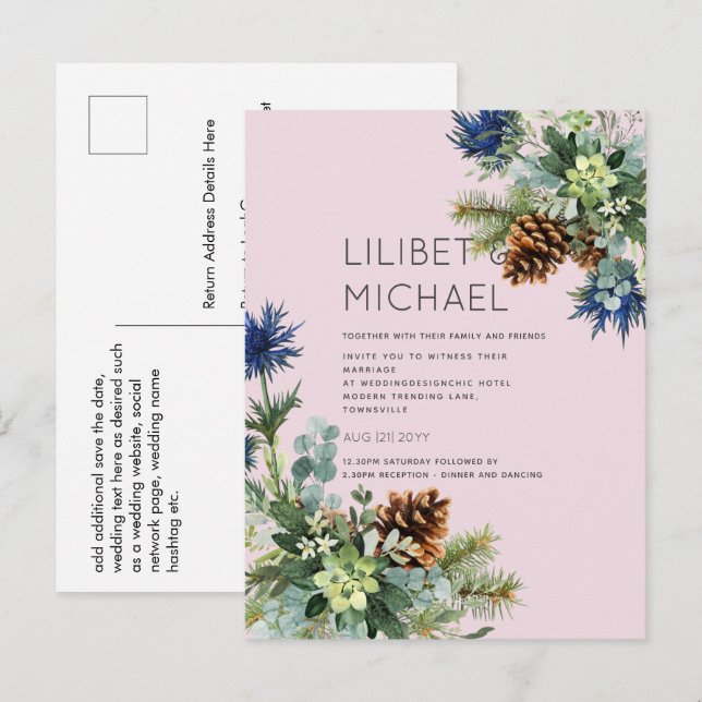 Postal BODA de fragmentos azules de invierno (Anverso / Reverso)