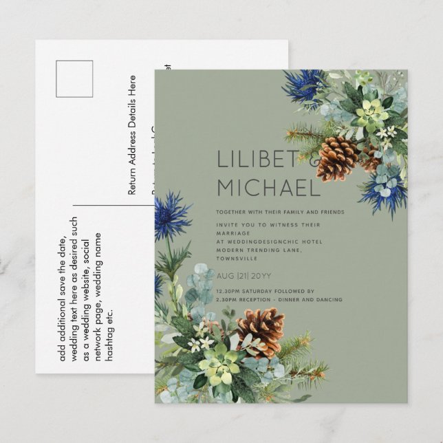 Postal BODA de fragmentos azules de invierno (Anverso / Reverso)