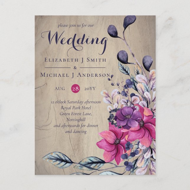 Postal Boda de Fuchsia Floral Woodland (Anverso)