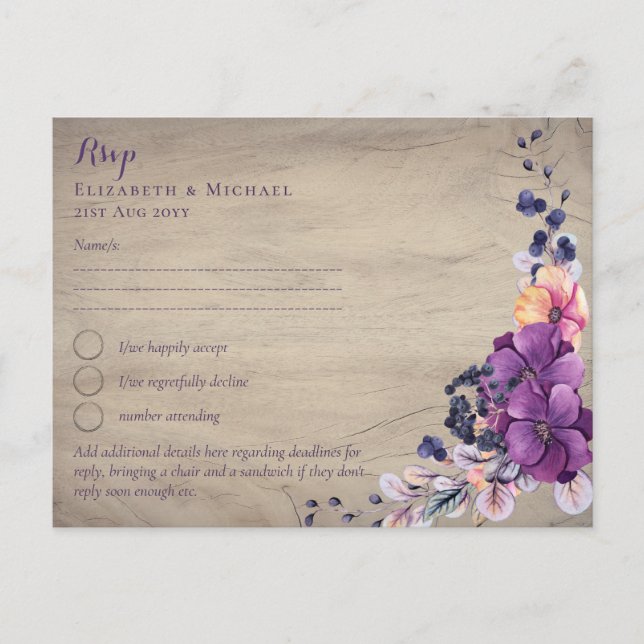 Postal Boda de Fuchsia Floral Woodland (Anverso)