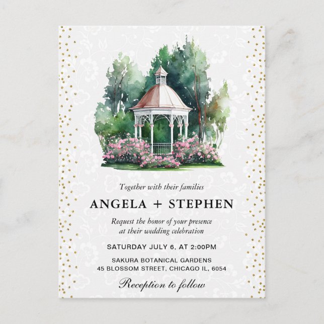 Postal Boda de Gazebo de Jardín de Primavera en Acuarela (Anverso)