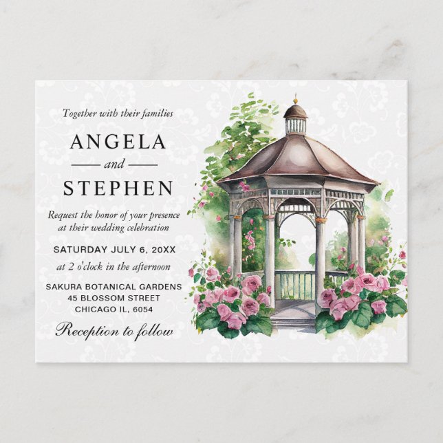 Postal Boda de Gazebo de Jardín de Primavera en Acuarela (Anverso)