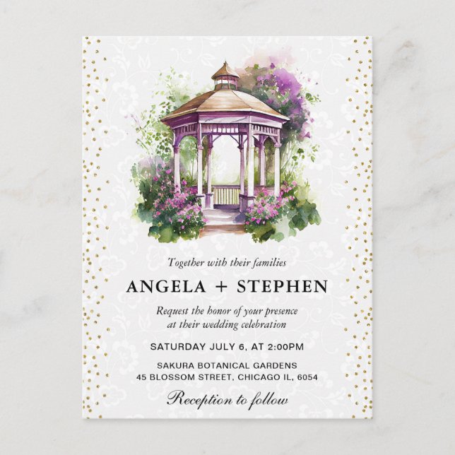 Postal Boda de Gazebo de Jardín de Primavera en Acuarela (Anverso)