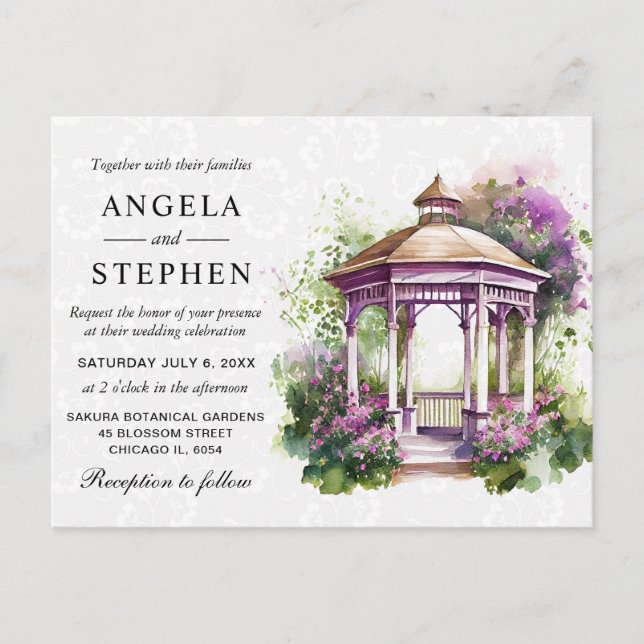 Postal Boda de Gazebo de Jardín de Primavera en Acuarela (Anverso)