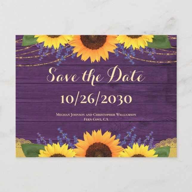 Postal Boda de girasol de púrpura rusa salva la fecha (Anverso)