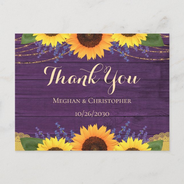 Postal Boda de girasol de púrpura rustica (Anverso)