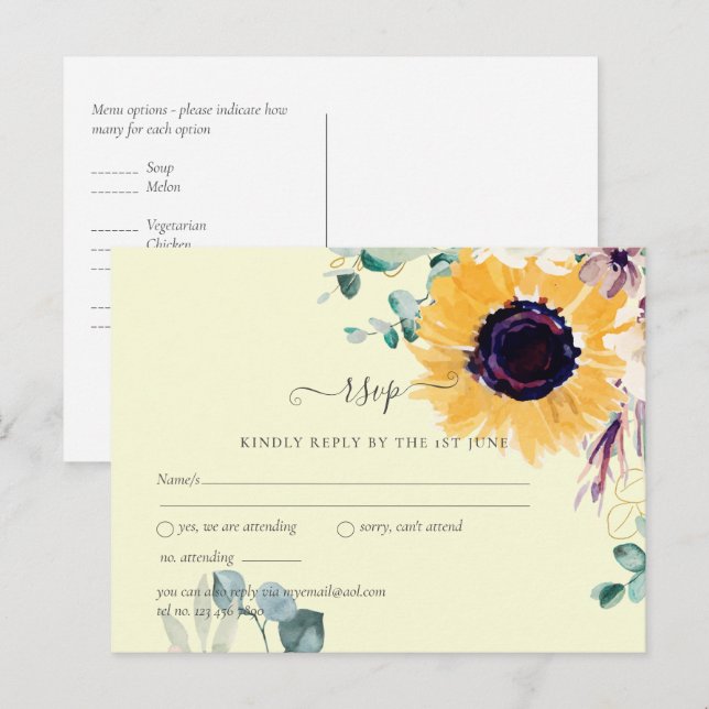 Postal Boda de girasoles de verano con eucalipto verde (Anverso / Reverso)