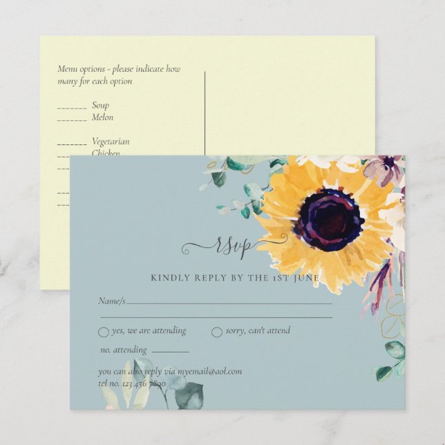 Postal Boda de Girasoles de Verano con Vegetación de Euca (Anverso / Reverso)