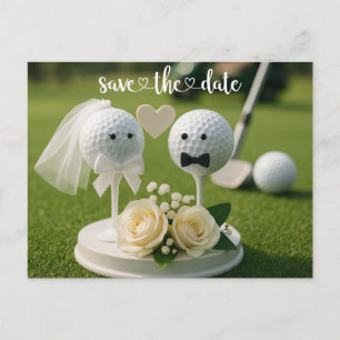 Postal Boda de Golf con dos bolas de golf en hierba verde