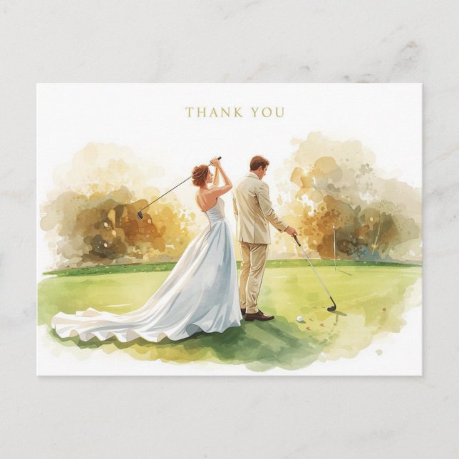 Postal Boda de golf con novia y novio con texto (Anverso)