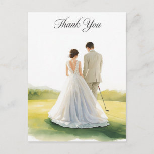 Postal Boda de golf con novia y novio con texto