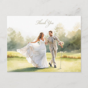 Postal Boda de golf con novia y novio con texto