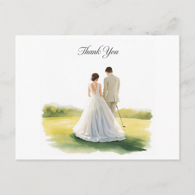 Postal Boda de golf con novia y novio con texto (Anverso)