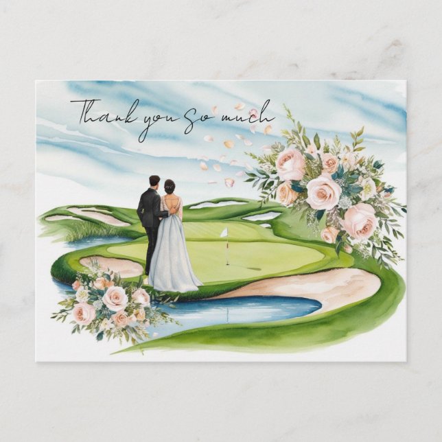 Postal Boda de golf gracias campo de golf de cartas acuar (Anverso)