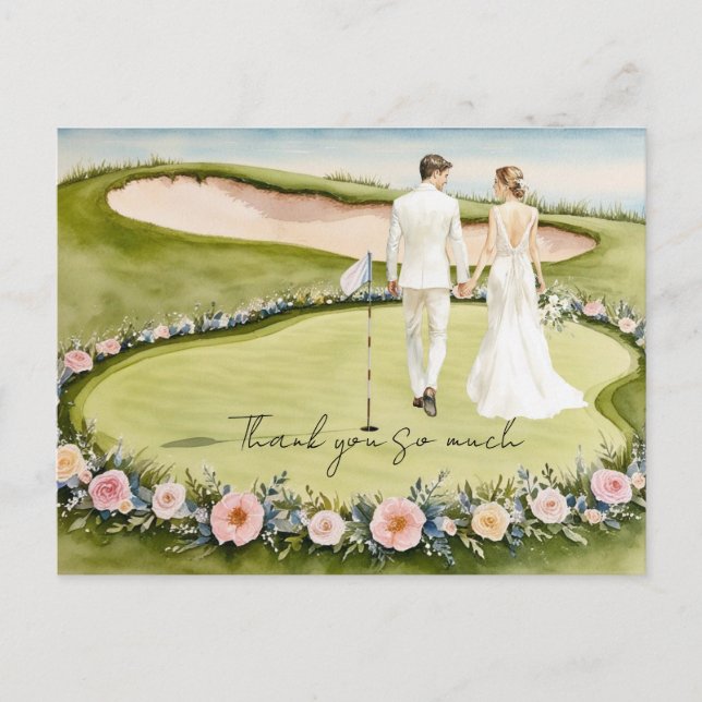 Postal Boda de golf gracias campo de golf de cartas acuar (Anverso)