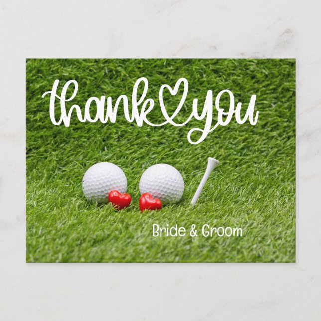 Postal Boda de golf Gracias carta con amor sobre el céspe (Anverso)