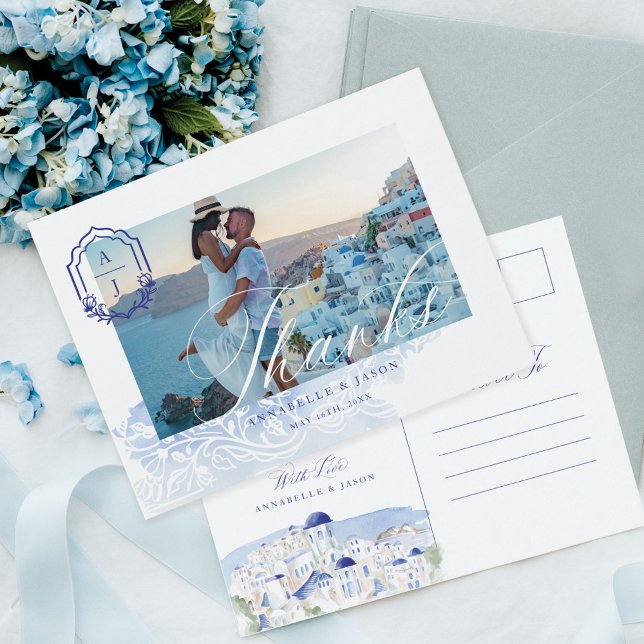Postal Boda de Grecia Gracias Script Monograma Foto (Greece Wedding Thank You Script Monogram Photo Postcard)