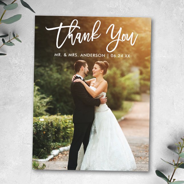 Postal Boda de guión de pincel foto de novia de Groom (Customize to change your personalized text size or text style.)